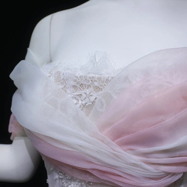 Luxury Blush Pink Ombre Off Shoulder Beaded Evening Dress with Train SS519-DreamyVow