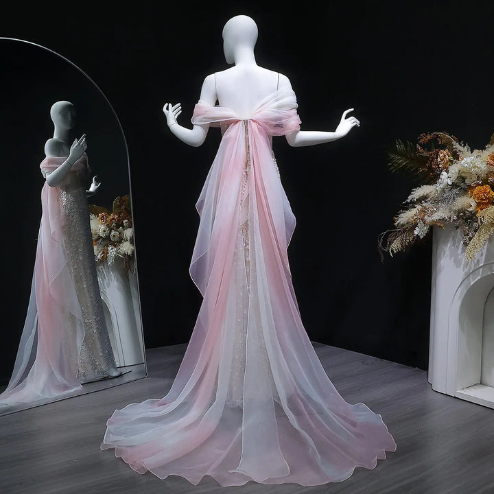 Luxury Blush Pink Ombre Off Shoulder Beaded Evening Dress with Train SS519-DreamyVow