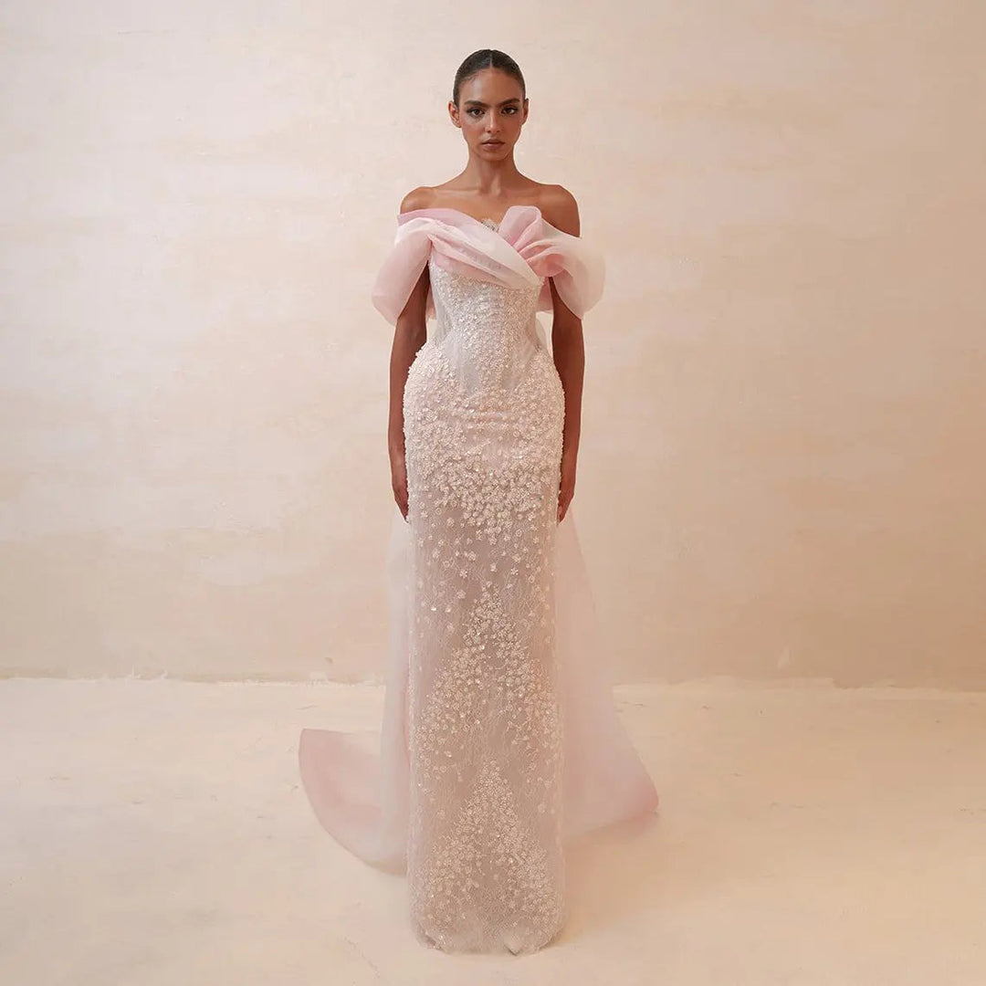 Luxury Blush Pink Ombre Off Shoulder Beaded Evening Dress with Train SS519-DreamyVow