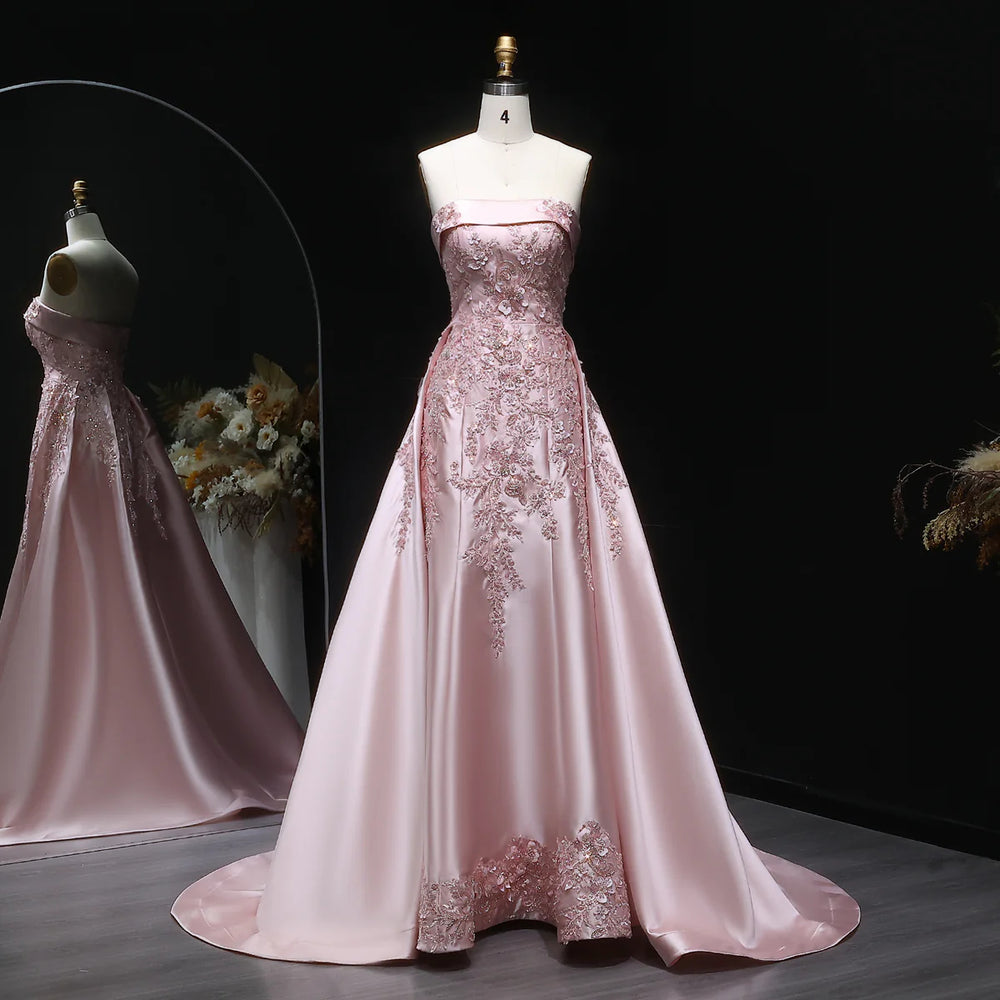 Luxury Blush Pink Strapless Evening Dress with Overskirt XD067-DreamyVow
