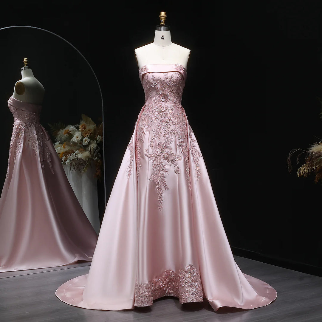 Luxury Blush Pink Strapless Evening Dress with Overskirt XD067-DreamyVow