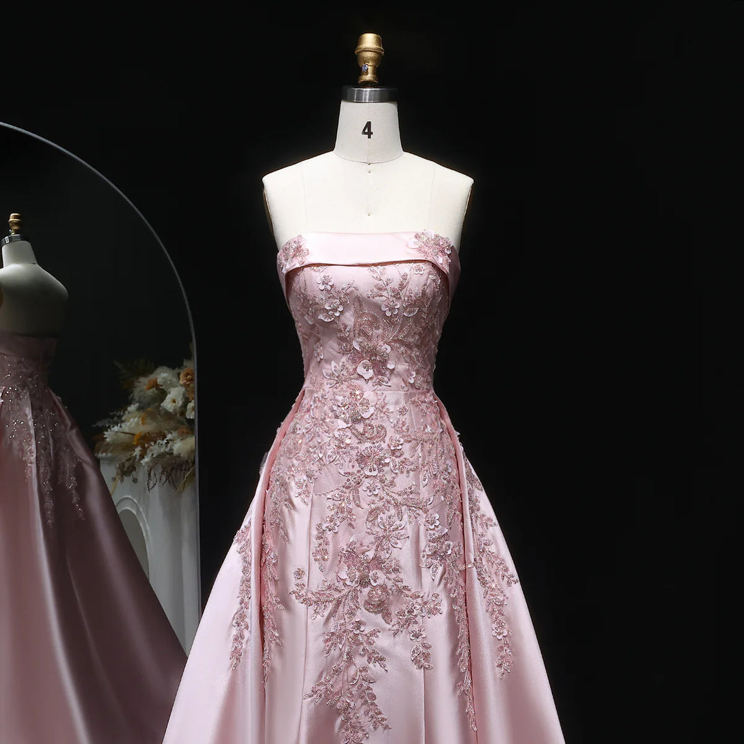 Luxury Blush Pink Strapless Evening Dress with Overskirt XD067-DreamyVow