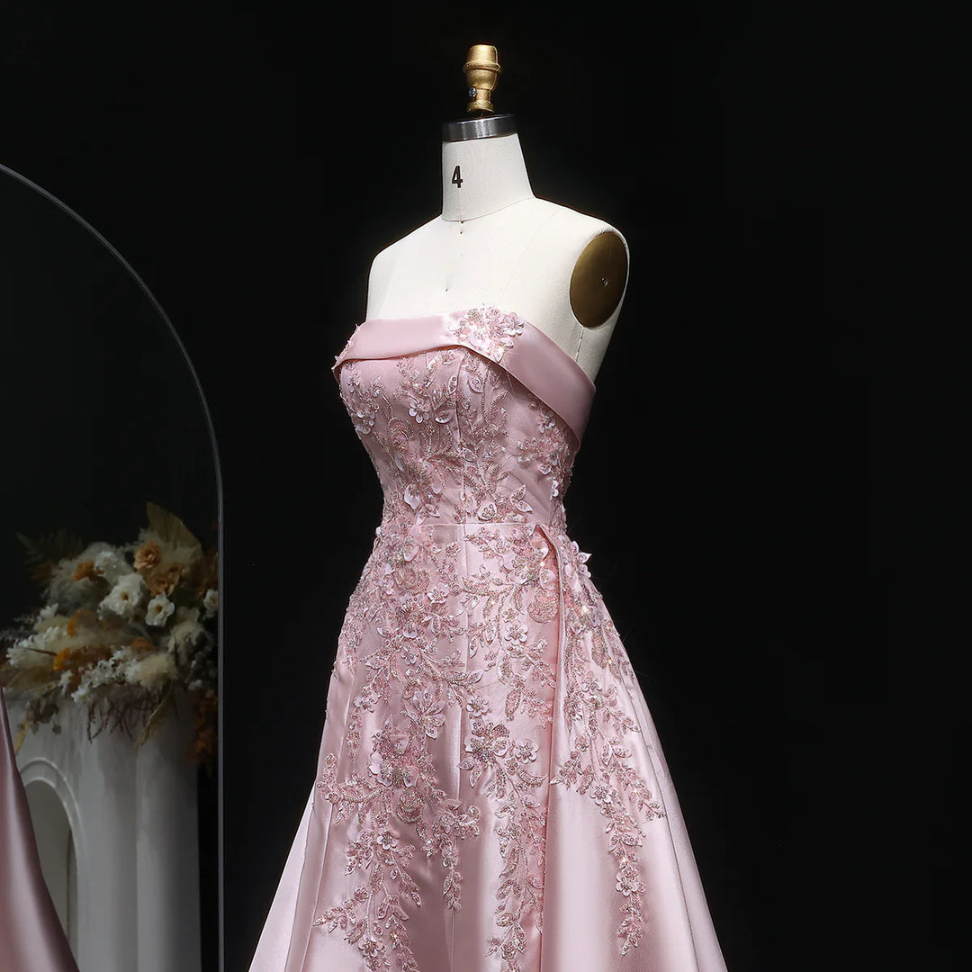 Luxury Blush Pink Strapless Evening Dress with Overskirt XD067-DreamyVow