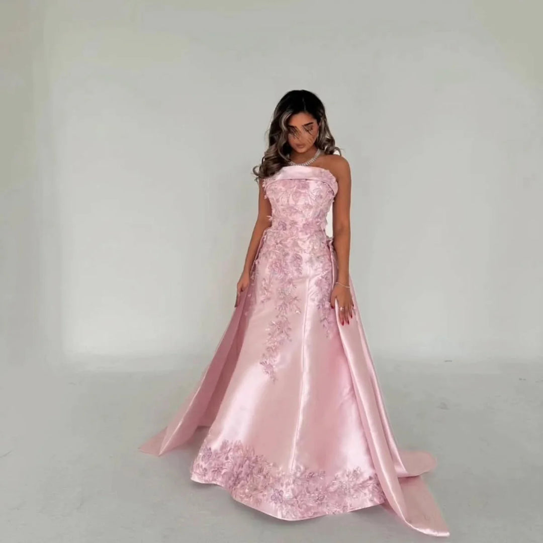 Luxury Blush Pink Strapless Evening Dress with Overskirt XD067-DreamyVow