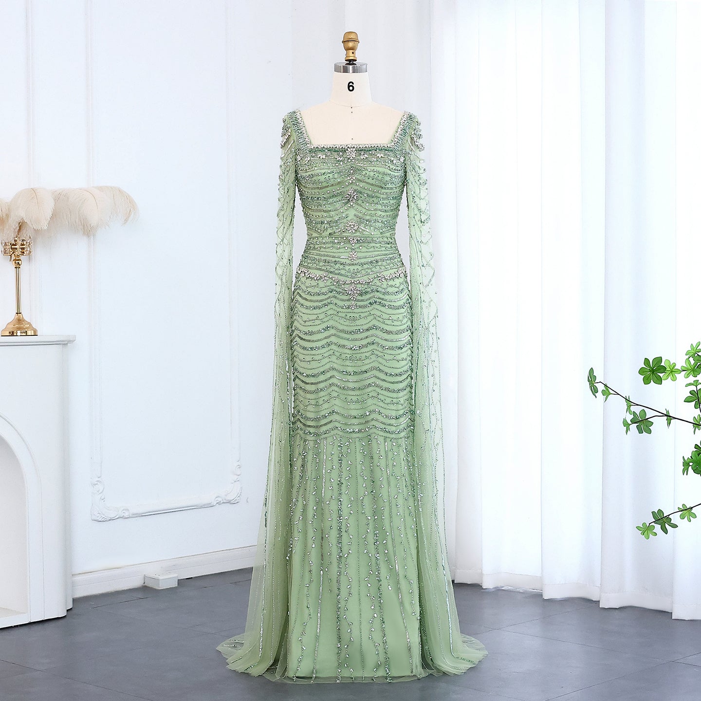 Luxury Caramel Square Neck Evening Dress with Cape Sleeves SS330 – DreamyVow Luxury Caramel Square Neck Evening Dress with Cape Sleeves SS330 – DreamyVow