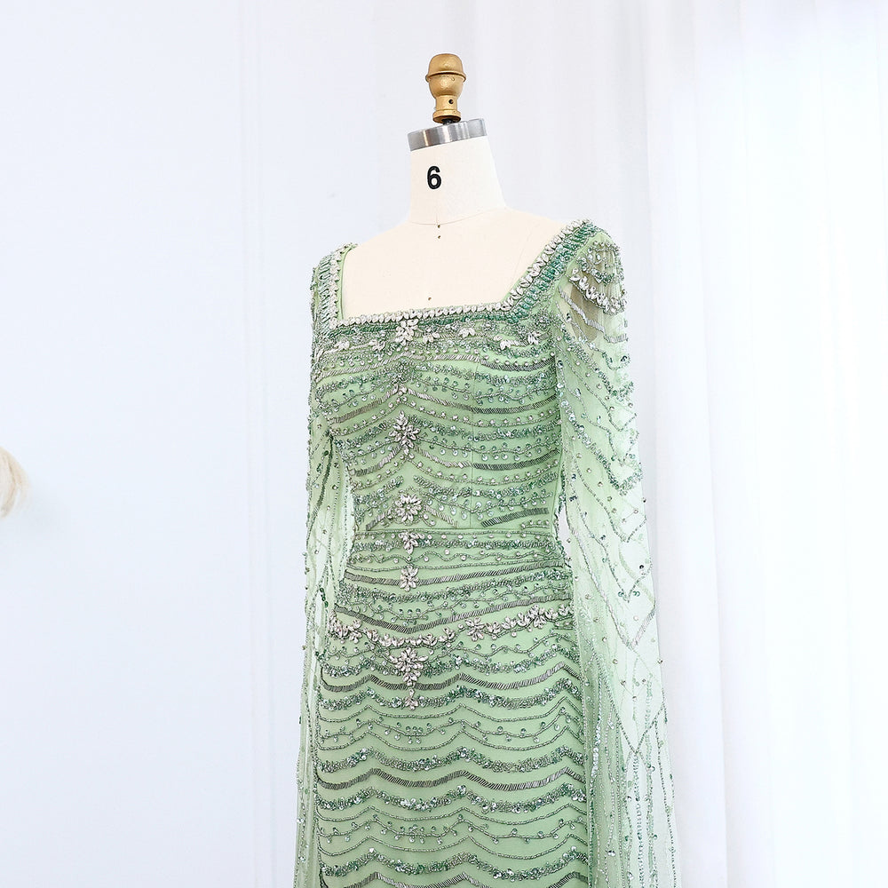 Luxury Caramel Square Neck Evening Dress with Cape Sleeves SS330