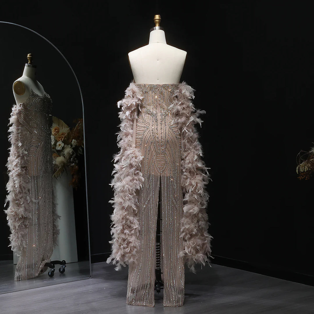 Luxury Champagne Beaded Evening Dress with Feather Shawl SS067 DreamyVow Luxury Champagne Beaded Evening Dress with Feather Shawl SS067 DreamyVow