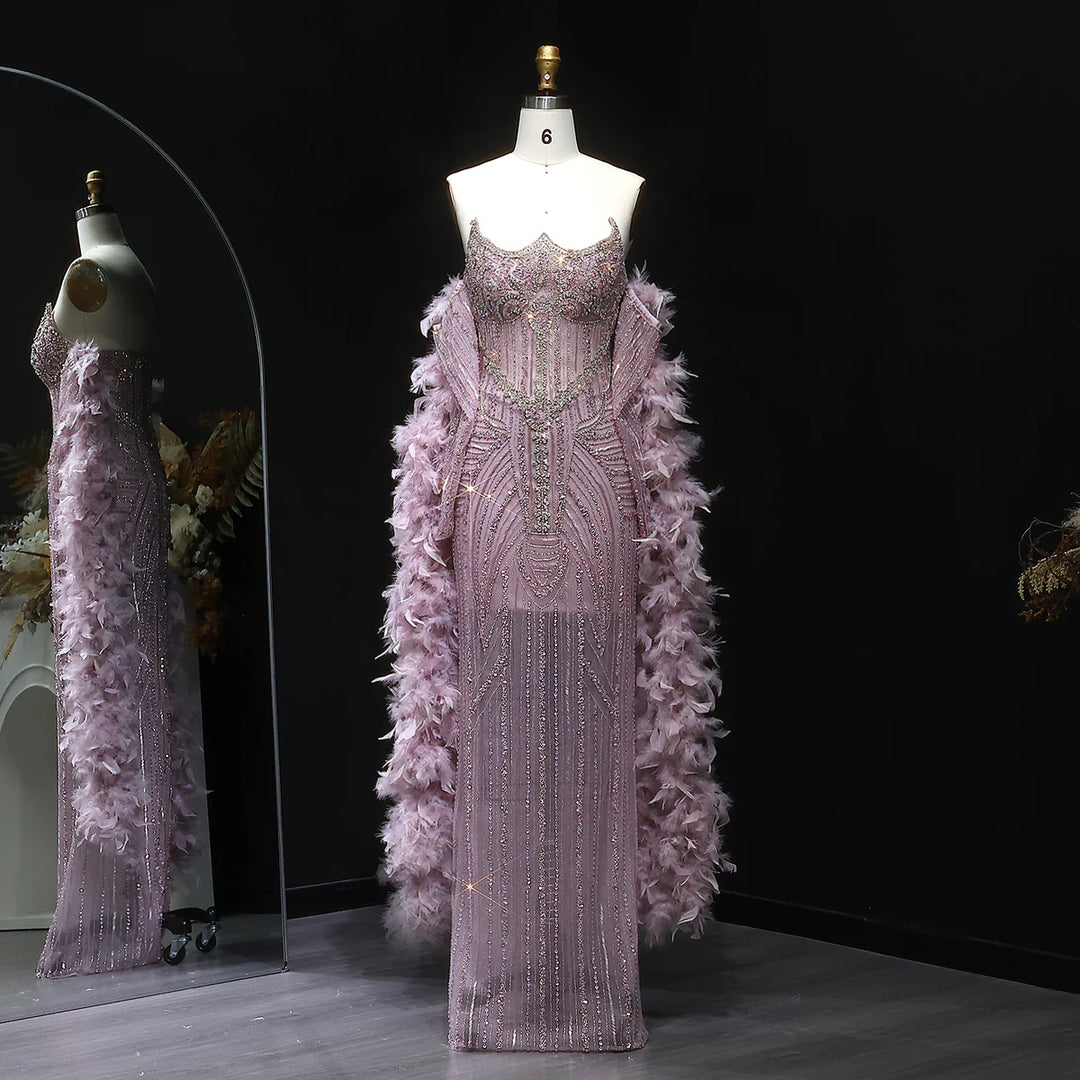 Luxury Champagne Beaded Evening Dress with Feather Shawl SS067 – DreamyVow