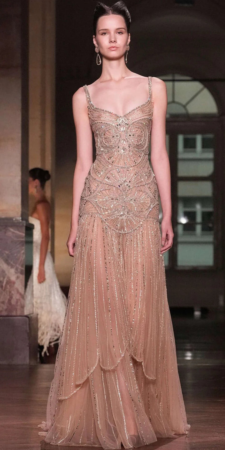 Luxury Champagne Beaded Ruffled Prom Dress SS552-DreamyVow