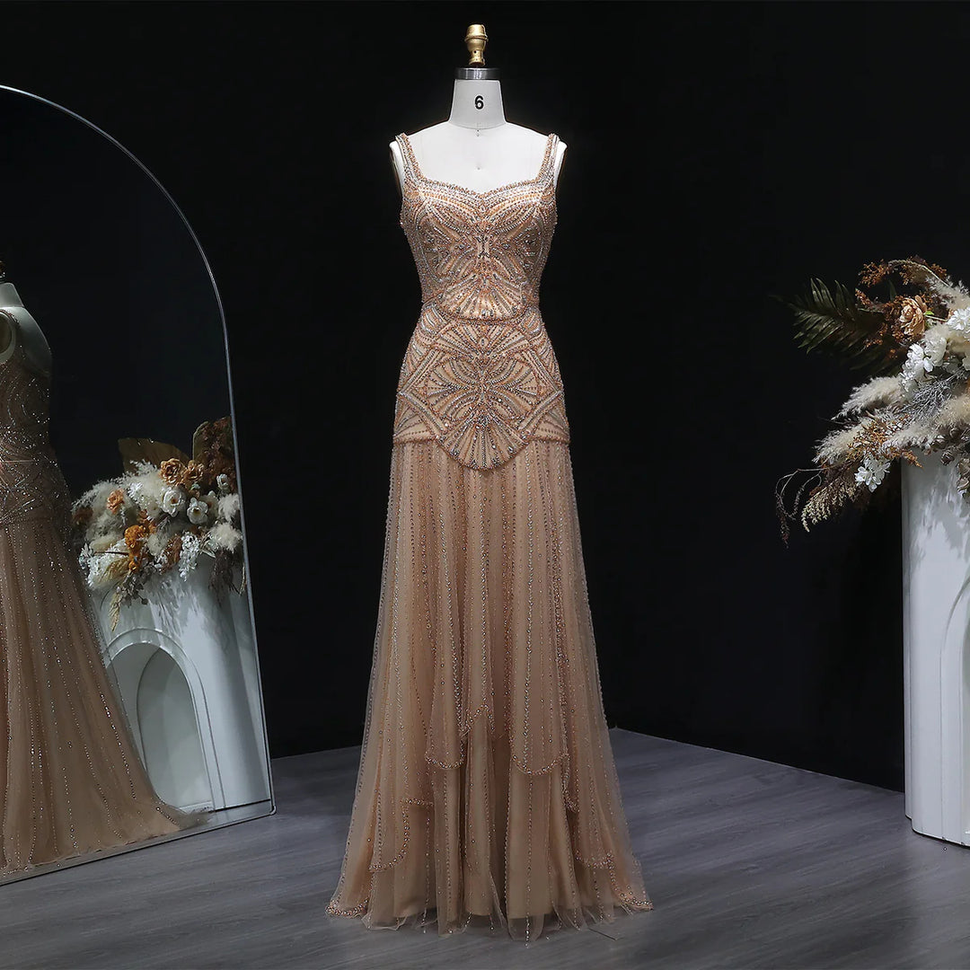 Luxury Champagne Beaded Ruffled Prom Dress SS552 DreamyVow Luxury Champagne Beaded Ruffled Prom Dress SS552 DreamyVow