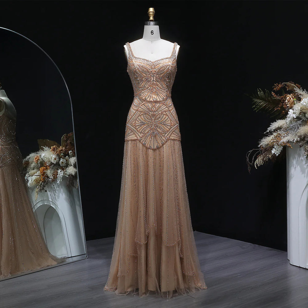 Luxury Champagne Beaded Ruffled Prom Dress SS552-DreamyVow