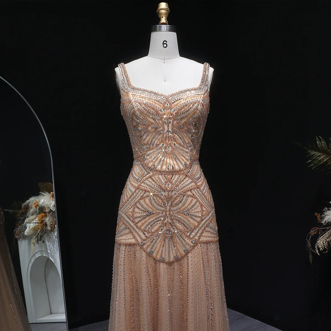 Luxury Champagne Beaded Ruffled Prom Dress SS552-DreamyVow