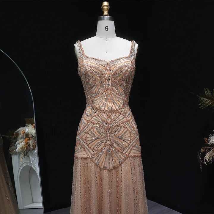 Luxury Champagne Beaded Ruffled Prom Dress SS552-DreamyVow
