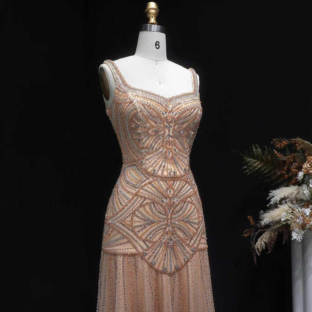 Luxury Champagne Beaded Ruffled Prom Dress SS552-DreamyVow