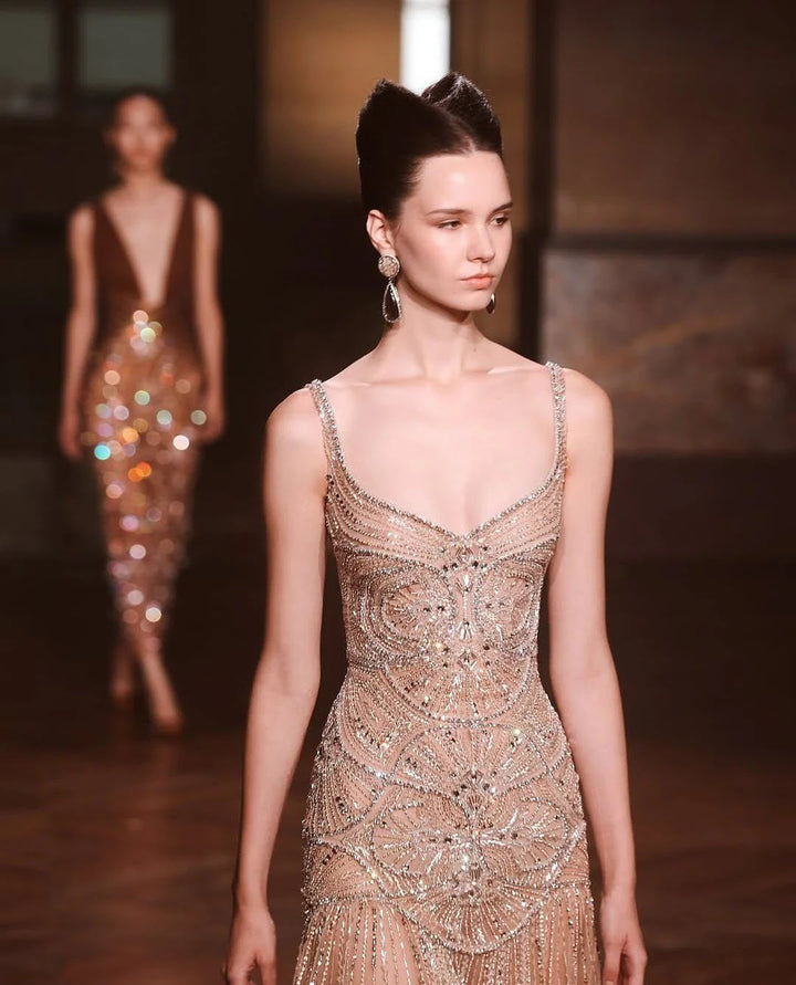 Luxury Champagne Beaded Ruffled Prom Dress SS552-DreamyVow