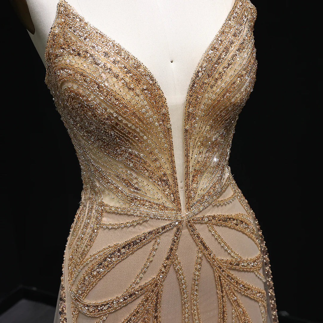 Luxury Champagne Evening Dress with Dramatic Overskirt SS068