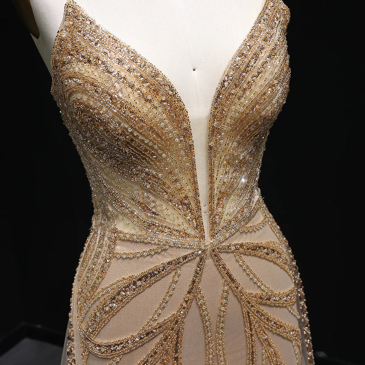 Luxury Champagne Evening Dress with Dramatic Overskirt SS068
