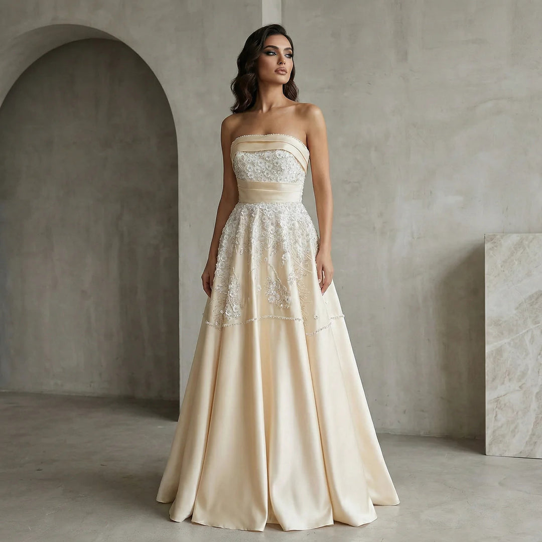 Luxury Champagne Evening Dress with Sequin Details XD045 – DreamyVow