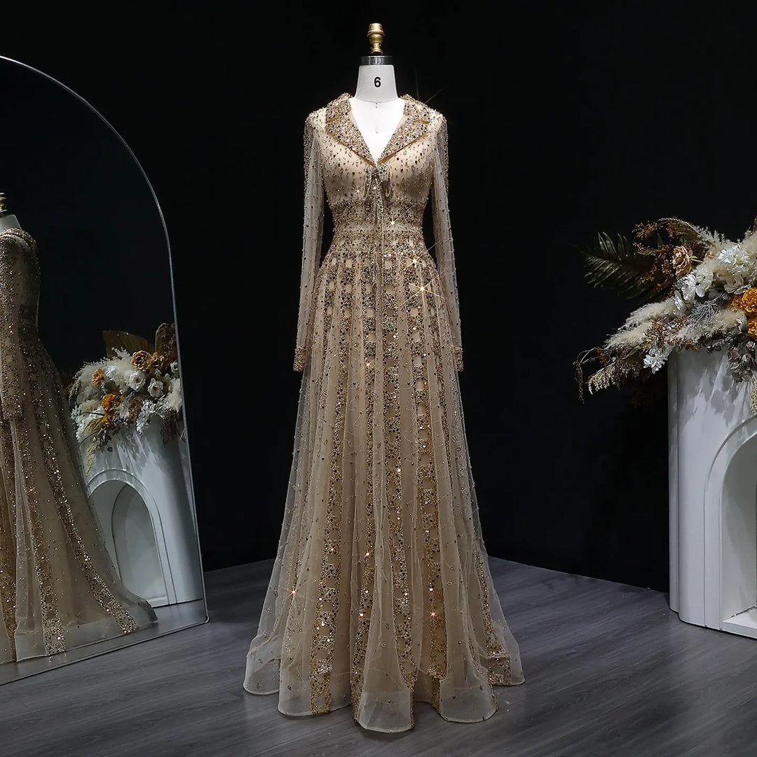 Luxury Champagne Gold Sequin Long Sleeve Evening Gown with Sheer Tulle Overlay SS419-DreamyVow