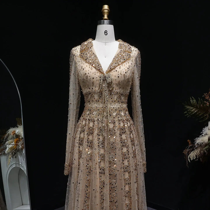 Luxury Champagne Gold Sequin Long Sleeve Evening Gown with Sheer Tulle Overlay SS419-DreamyVow