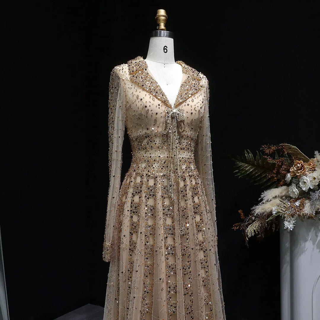 Luxury Champagne Gold Sequin Long Sleeve Evening Gown with Sheer Tulle Overlay SS419-DreamyVow