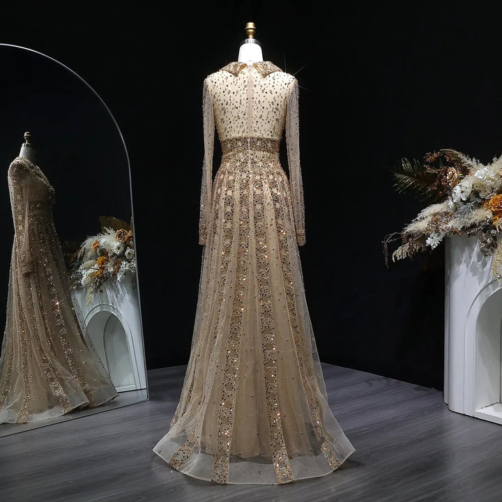 Luxury Champagne Gold Sequin Long Sleeve Evening Gown with Sheer Tulle Overlay SS419-DreamyVow