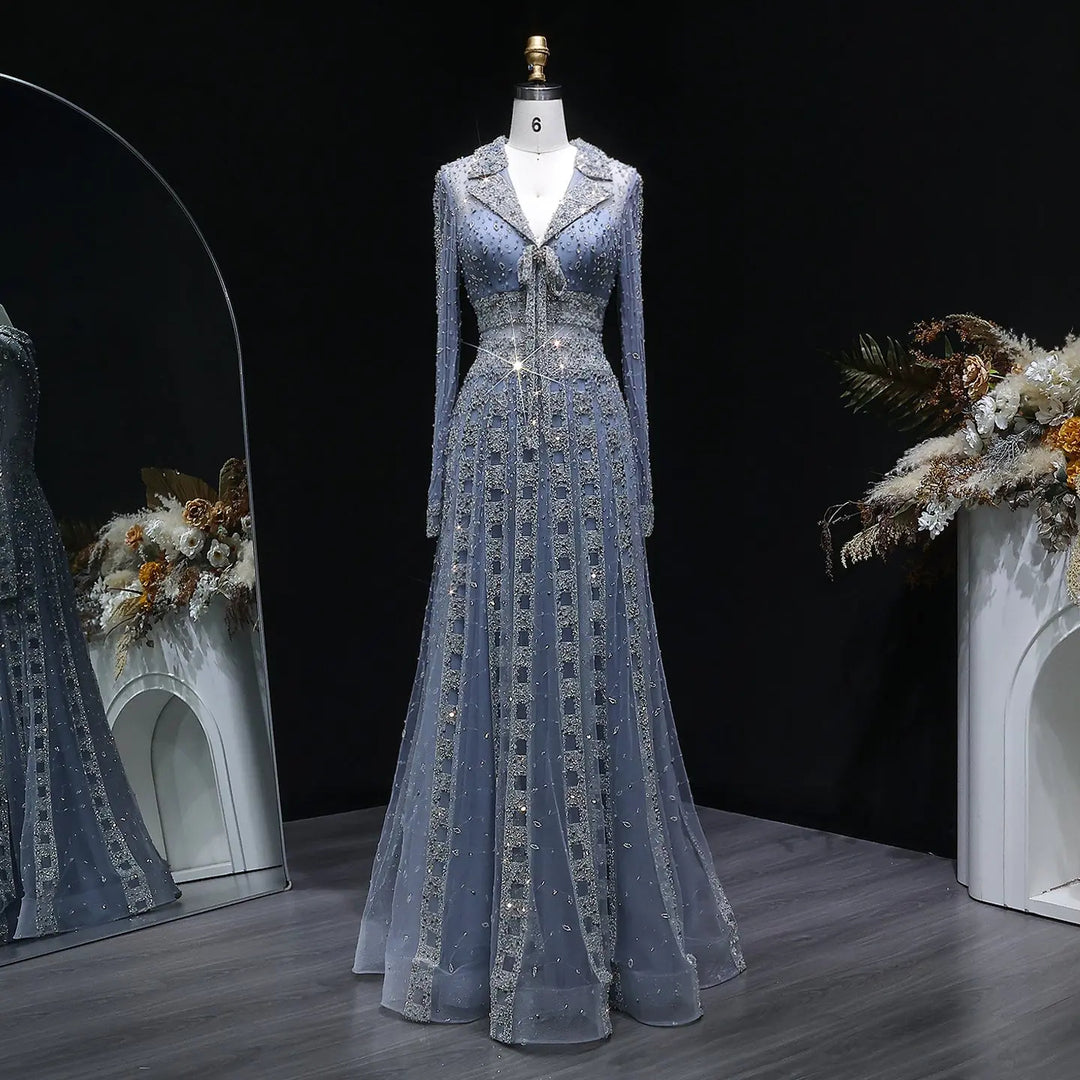 Luxury Champagne Gold Sequin Long Sleeve Evening Gown with Sheer Tulle Overlay SS419-DreamyVow