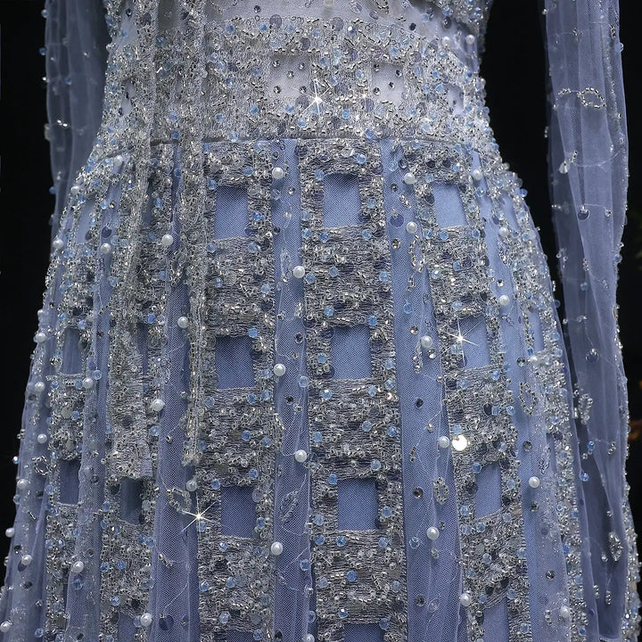 Luxury Champagne Gold Sequin Long Sleeve Evening Gown with Sheer Tulle Overlay SS419-DreamyVow