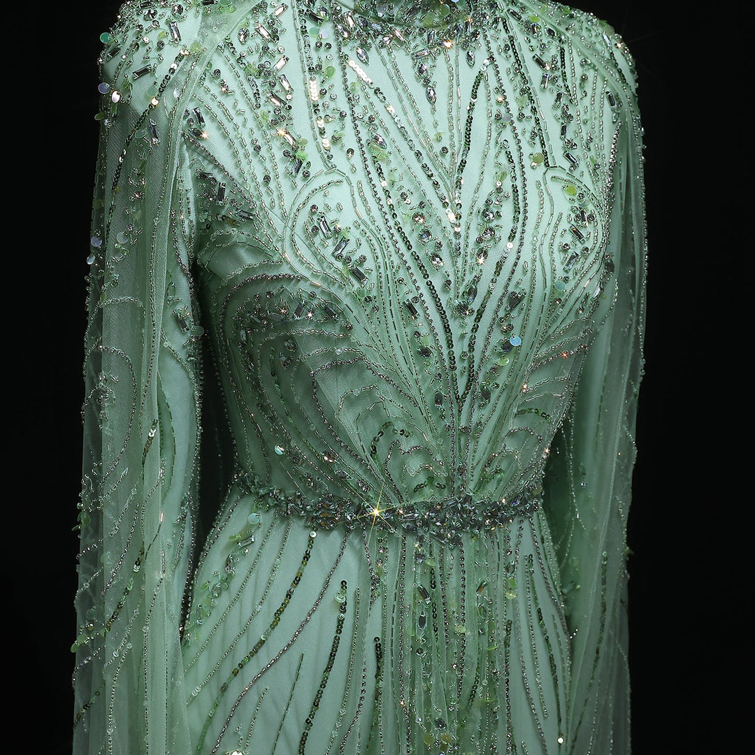Luxury Champagne Long Sleeve High Neck Evening Dress with Cape SS366   DreamyVow