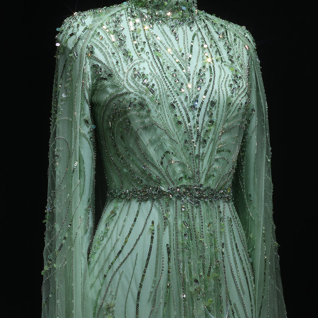 Luxury Champagne Long Sleeve High Neck Evening Dress with Cape SS366