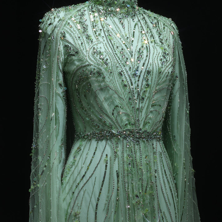 Luxury Champagne Long Sleeve High Neck Evening Dress with Cape SS366