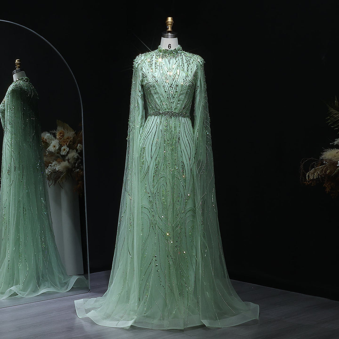 Luxury Champagne Long Sleeve High Neck Evening Dress with Cape SS366   DreamyVow