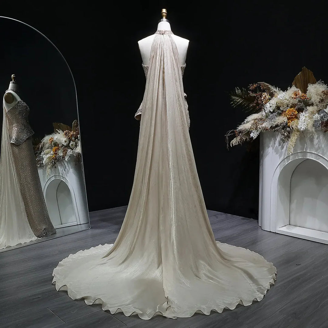 Luxury Champagne Strapless Beaded Mermaid Evening Dress with Train SS394-DreamyVow