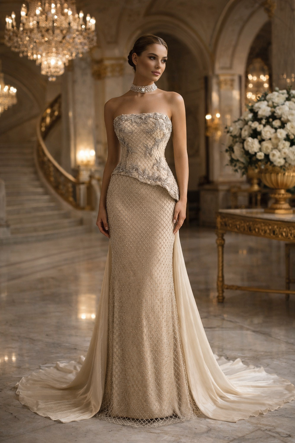 Luxury Champagne Strapless Beaded Mermaid Evening Dress with Train SS3 DreamyVow Luxury Champagne Strapless Beaded Mermaid Evening Dress with Train SS3 DreamyVow