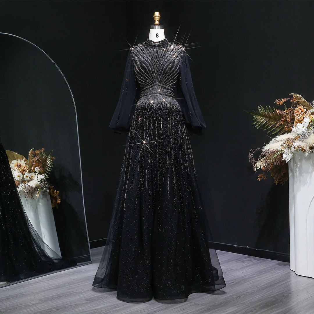 Luxury Christmas Sparkle Beaded A Line Long Sleeve Evening Dress SS012 Black / 10 Luxury Christmas Sparkle Beaded A Line Long Sleeve Evening Dress SS012 Black / 10