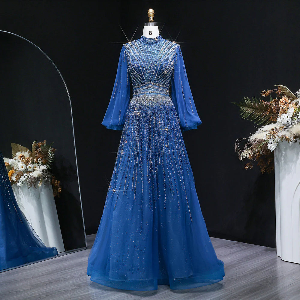Luxury Christmas Sparkle Beaded A Line Long Sleeve Evening Dress SS012-DreamyVow