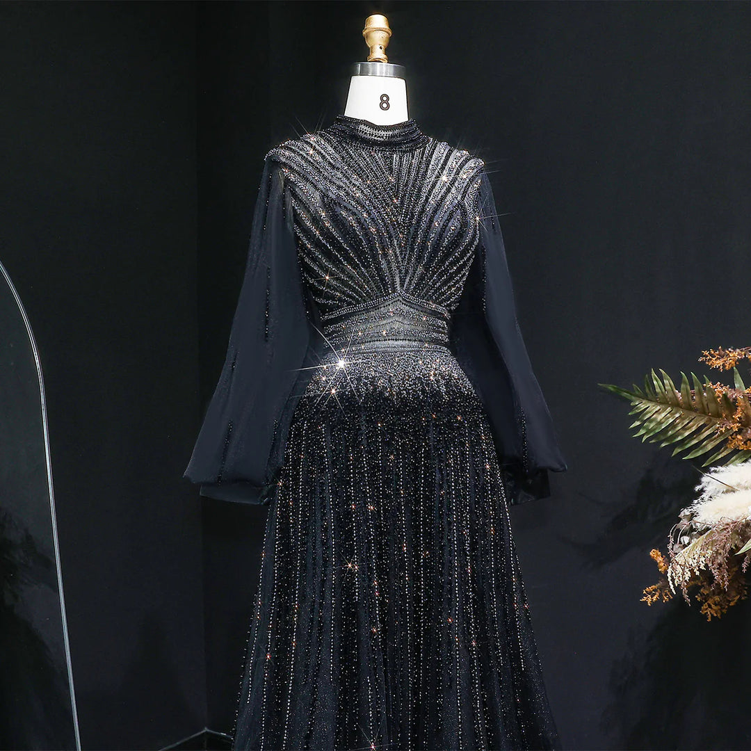 Luxury Christmas Sparkle Beaded A Line Long Sleeve Evening Dress SS012 Black / 10