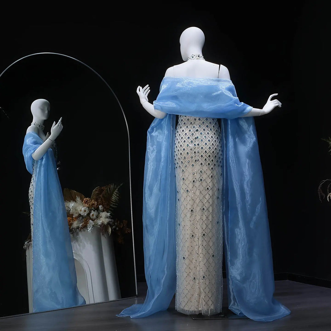 Luxury Crystal Beaded Column Evening Dress with Sheer Blue Cape Choker Neck SS506-DreamyVow