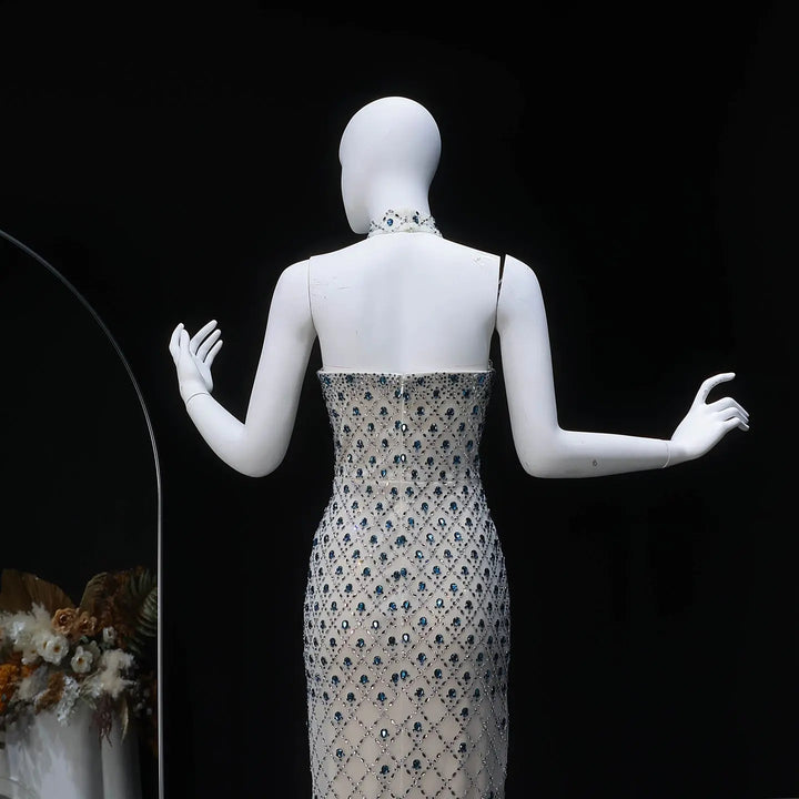 Luxury Crystal Beaded Column Evening Dress with Sheer Blue Cape Choker Neck SS506-DreamyVow