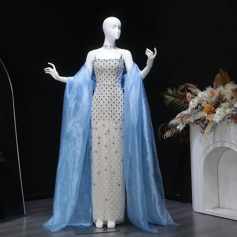 Luxury Crystal Beaded Column Evening Dress with Sheer Blue Cape Choker Neck SS506-DreamyVow