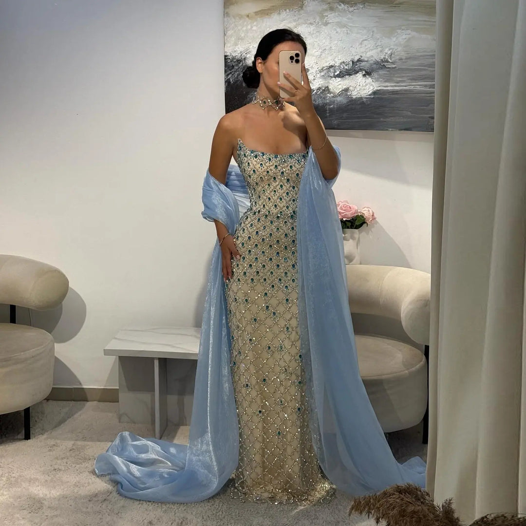 Luxury Crystal Beaded Column Evening Dress with Sheer Blue Cape Choker DreamyVow Luxury Crystal Beaded Column Evening Dress with Sheer Blue Cape Choker DreamyVow