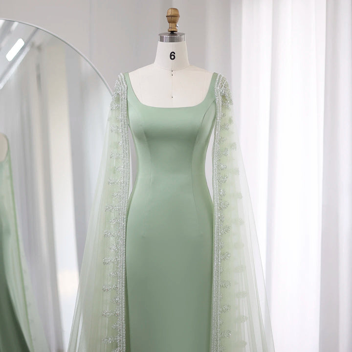 Luxury Crystal Blue Mermaid Evening Dresses with Cape Sleeves SS445
