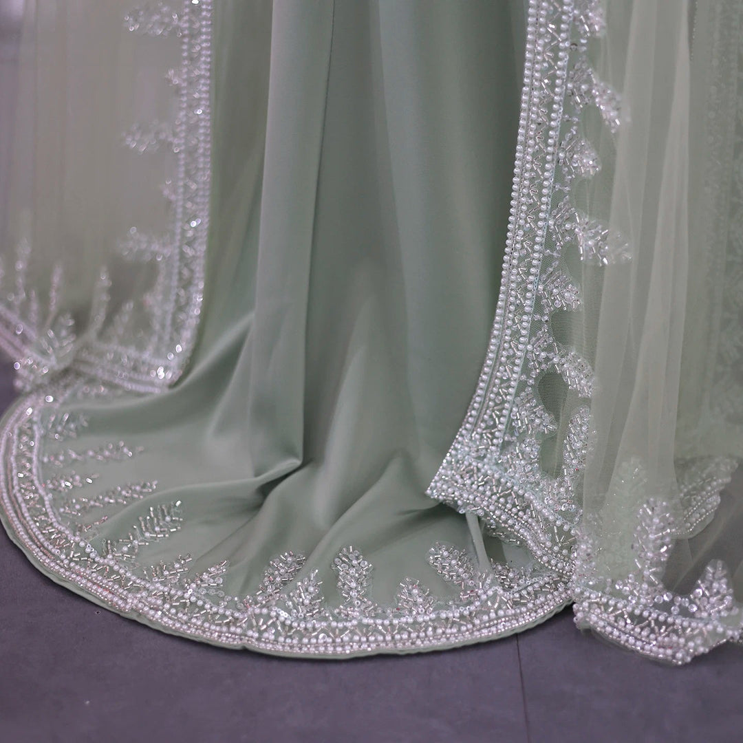 Luxury Crystal Blue Mermaid Evening Dresses with Cape Sleeves SS445