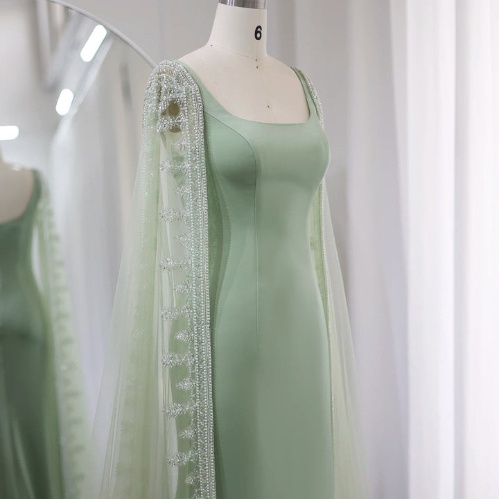 Luxury Crystal Blue Mermaid Evening Dresses with Cape Sleeves SS445