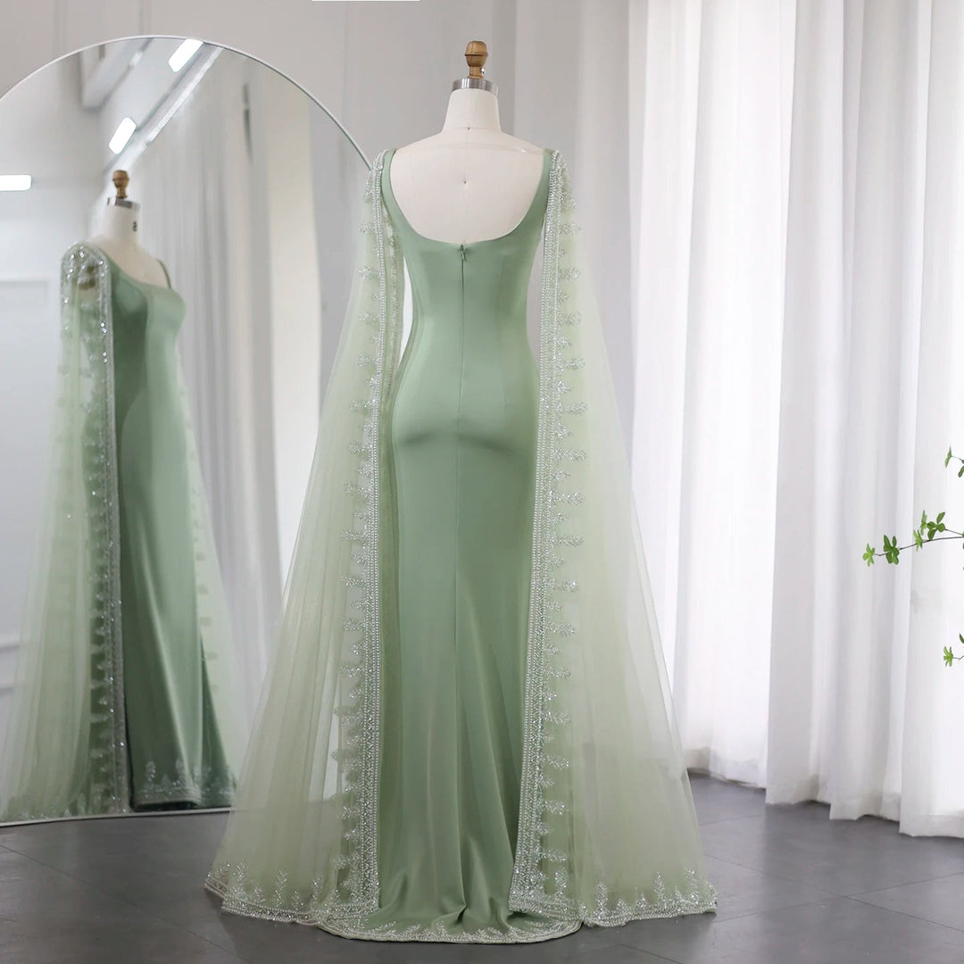 Luxury Crystal Blue Mermaid Evening Dresses with Cape Sleeves SS445