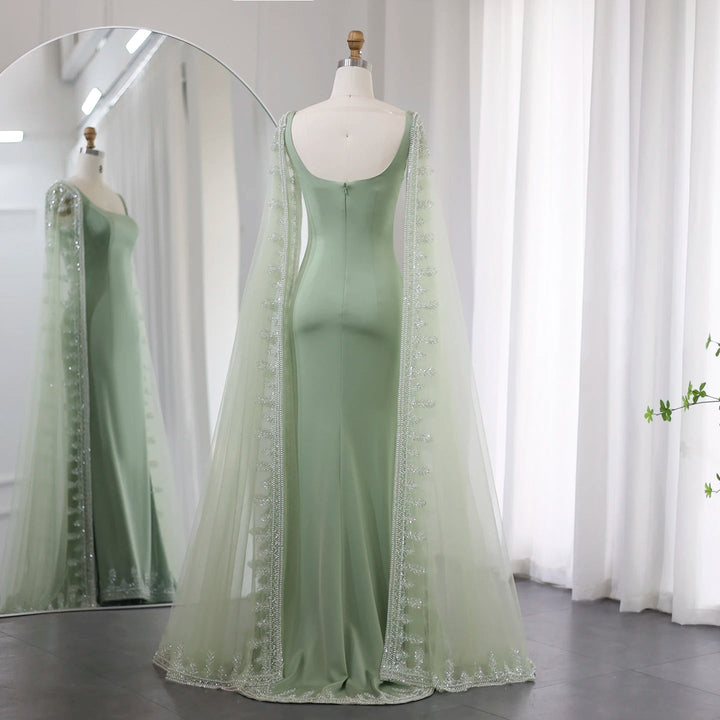 Luxury Crystal Blue Mermaid Evening Dresses with Cape Sleeves SS445