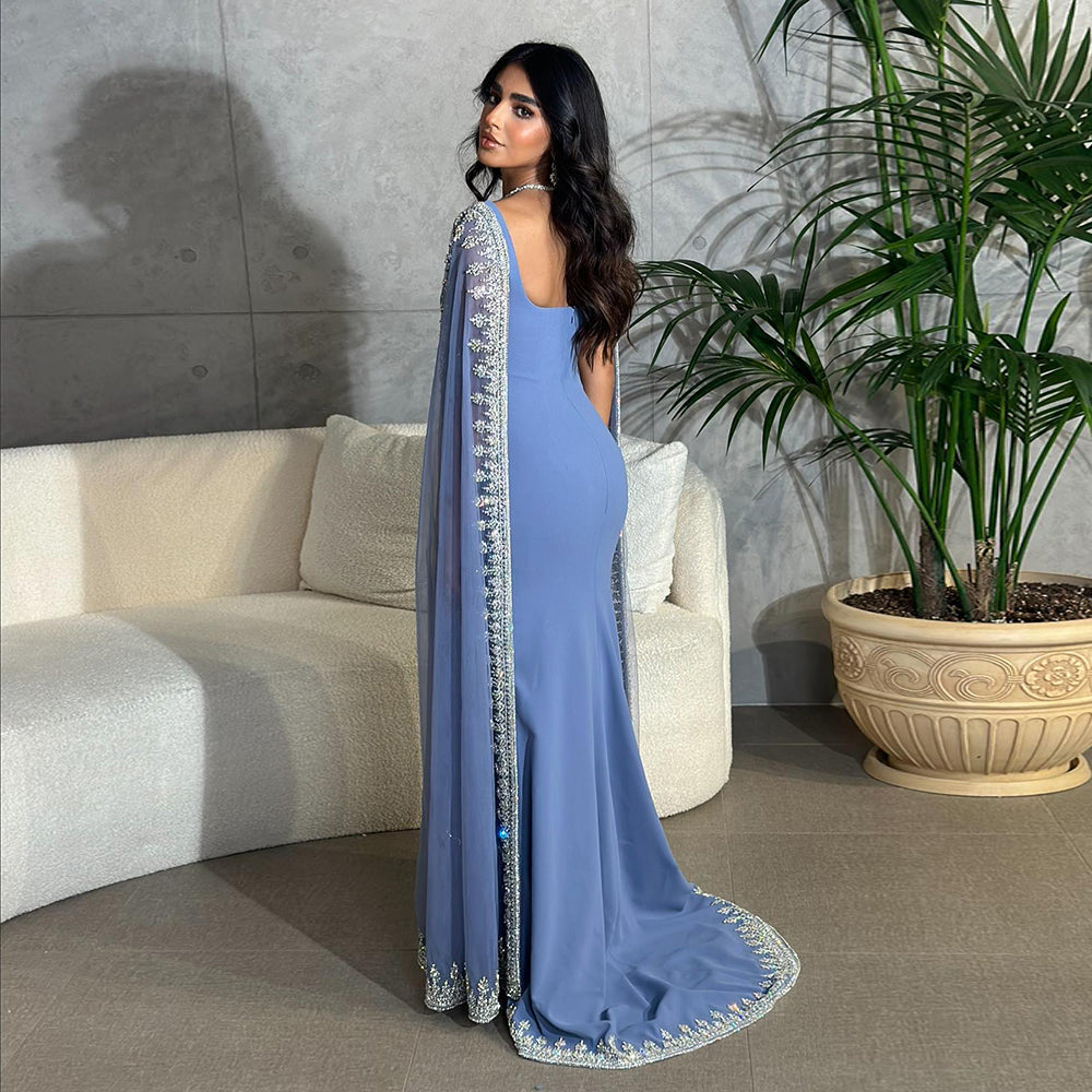 Luxury Crystal Blue Mermaid Evening Dresses with Cape Sleeves SS445