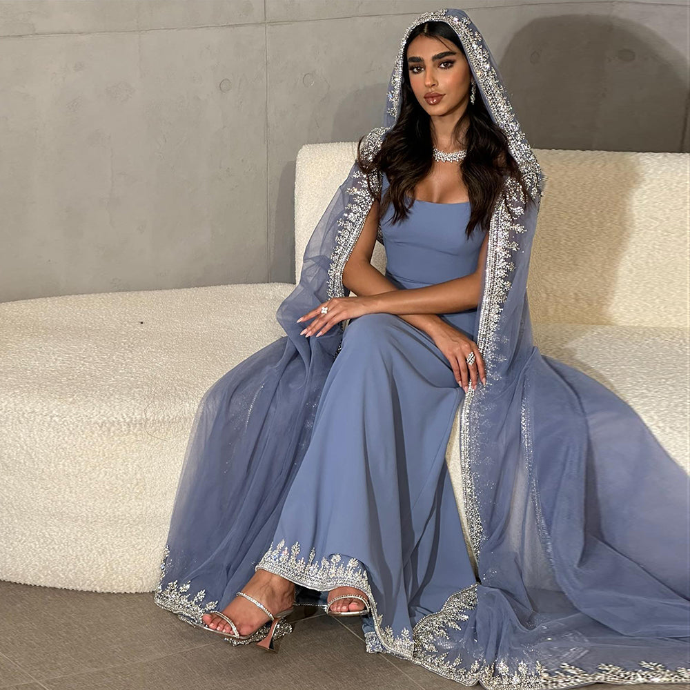 Luxury Crystal Blue Mermaid Evening Dresses with Cape Sleeves SS445
