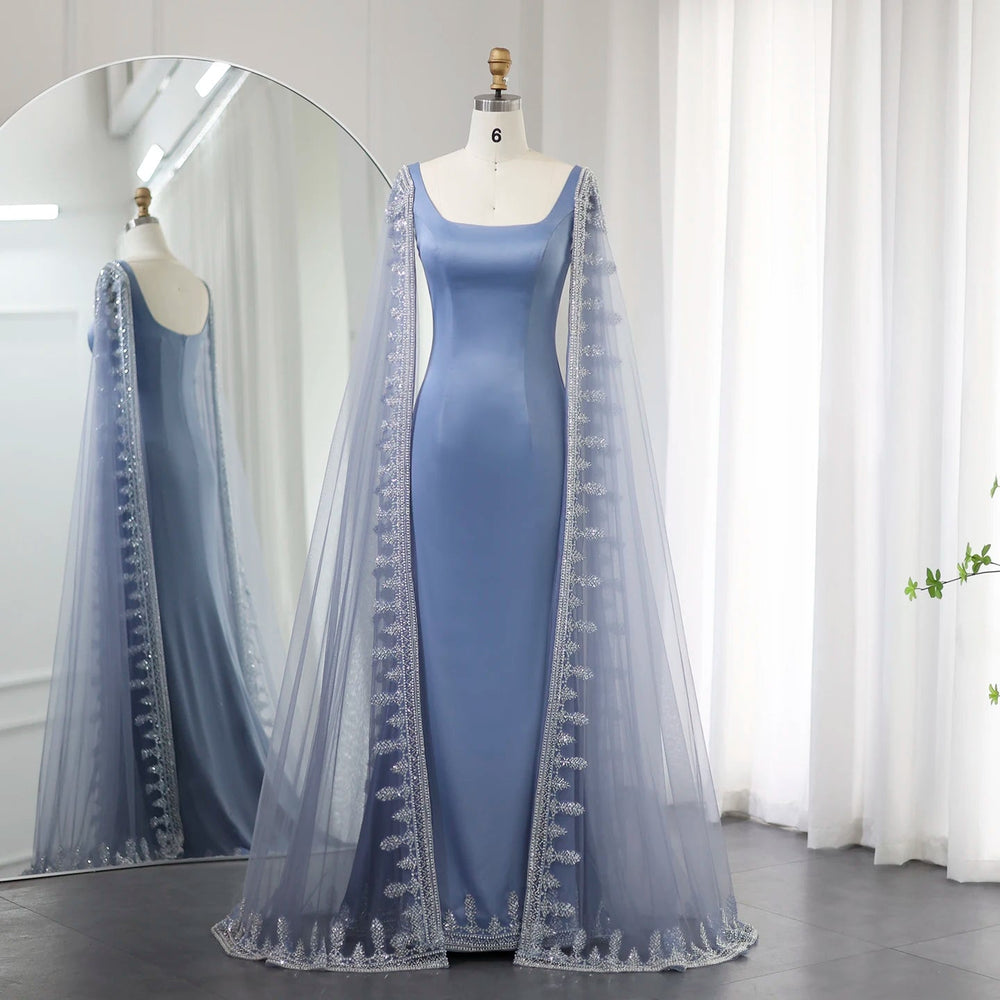 Luxury Crystal Blue Mermaid Evening Dresses with Cape Sleeves SS445