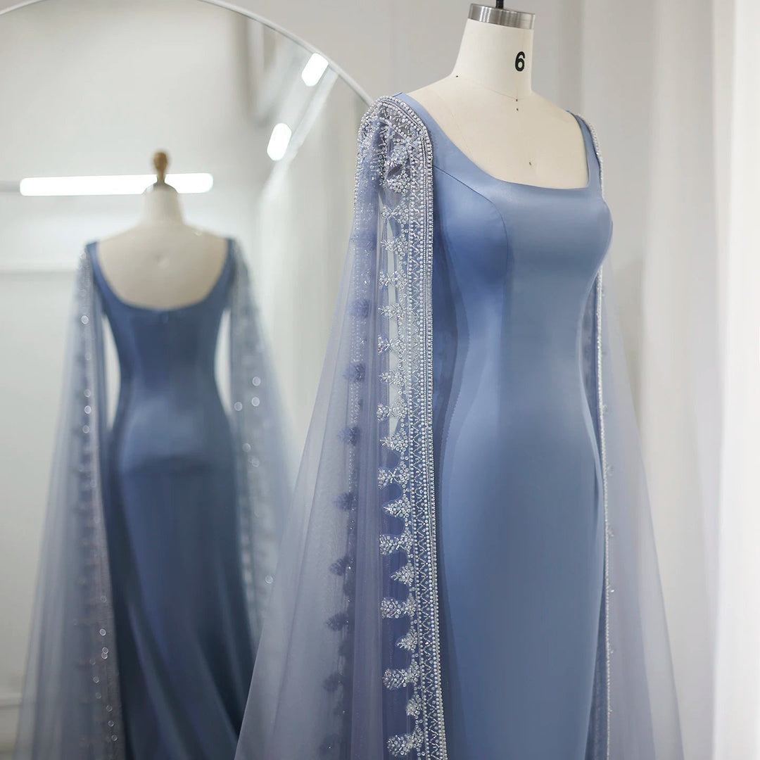 Luxury Crystal Blue Mermaid Evening Dresses with Cape Sleeves SS445
